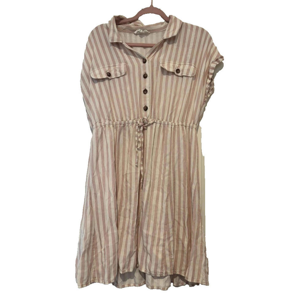 Lucky Brand sz L pink/white stripe cap sleeve collared‎ shirt dress #3270